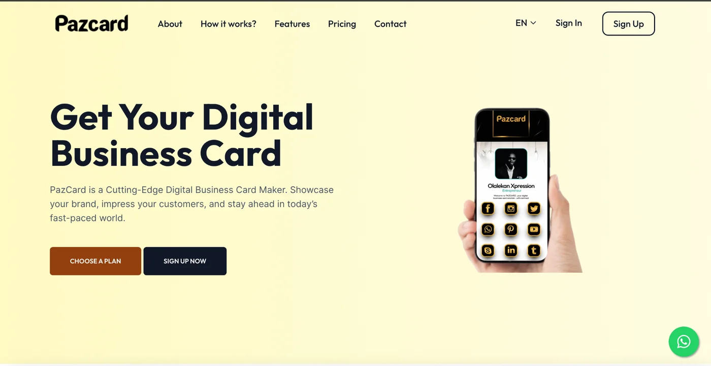 Pazcard Digital Business Card website screenshot